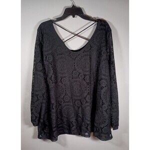 Ing+ USA Black Crochet Lace Lined Sheer Long Sleeves Criss Cross Top Size 2X